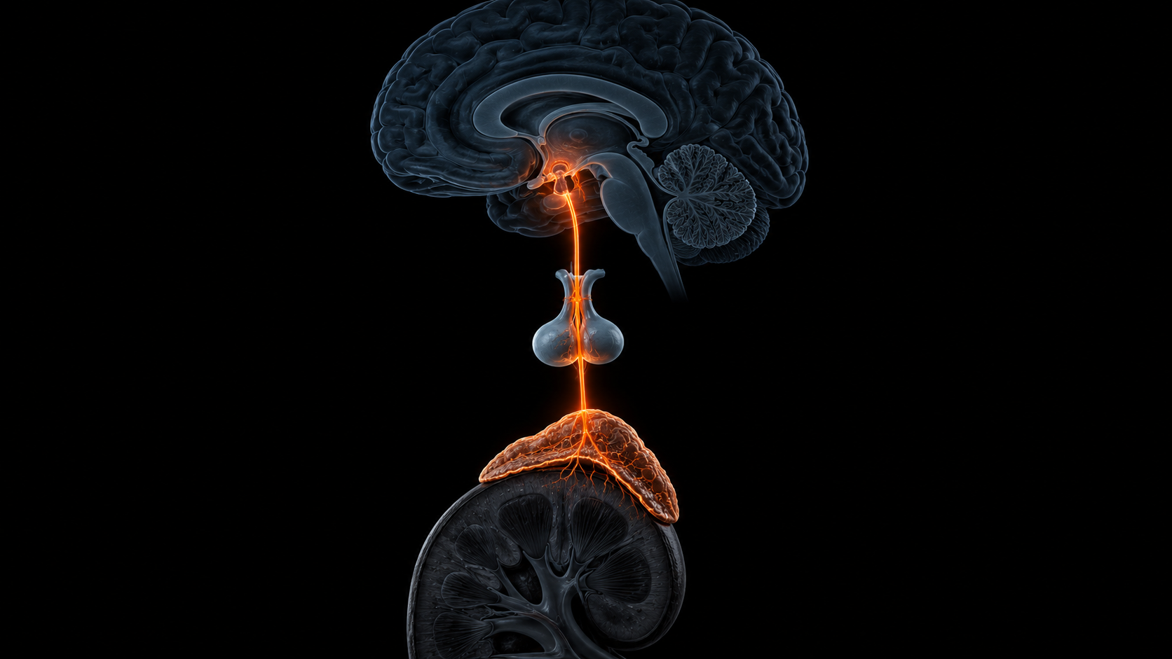 the HPA axis showing hypothalamus, pituitary, and adrenal gland with cortisol pathway highlighted in orange