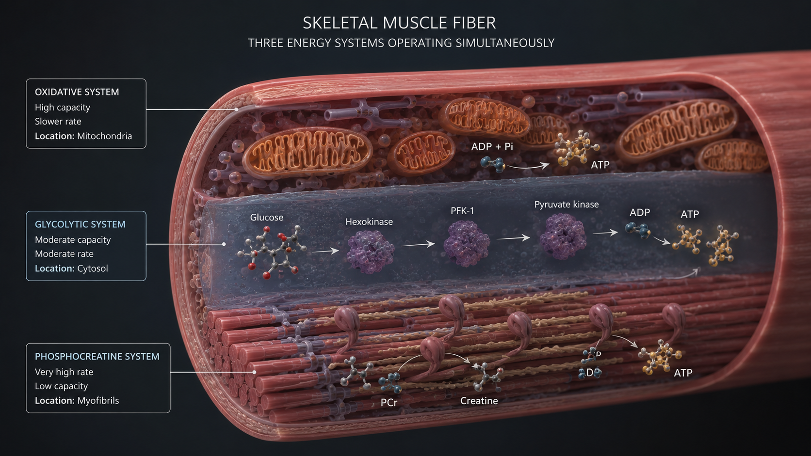 3D medical render of skeletal muscle fiber cross-section showing phosphocreatine, glycolysis, and mitochondrial ATP production operating simultaneously