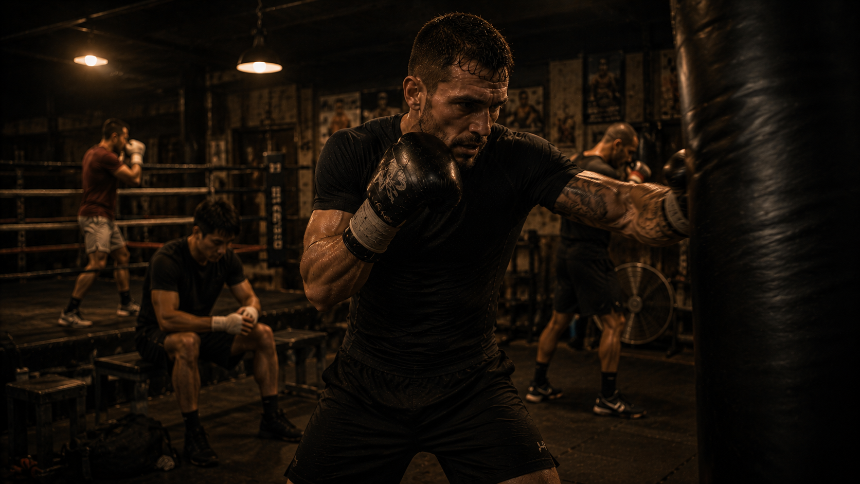 Muscle fatigue workout: male combat sports athlete mid-movement in dark training gym, worn gloves and heavy bag