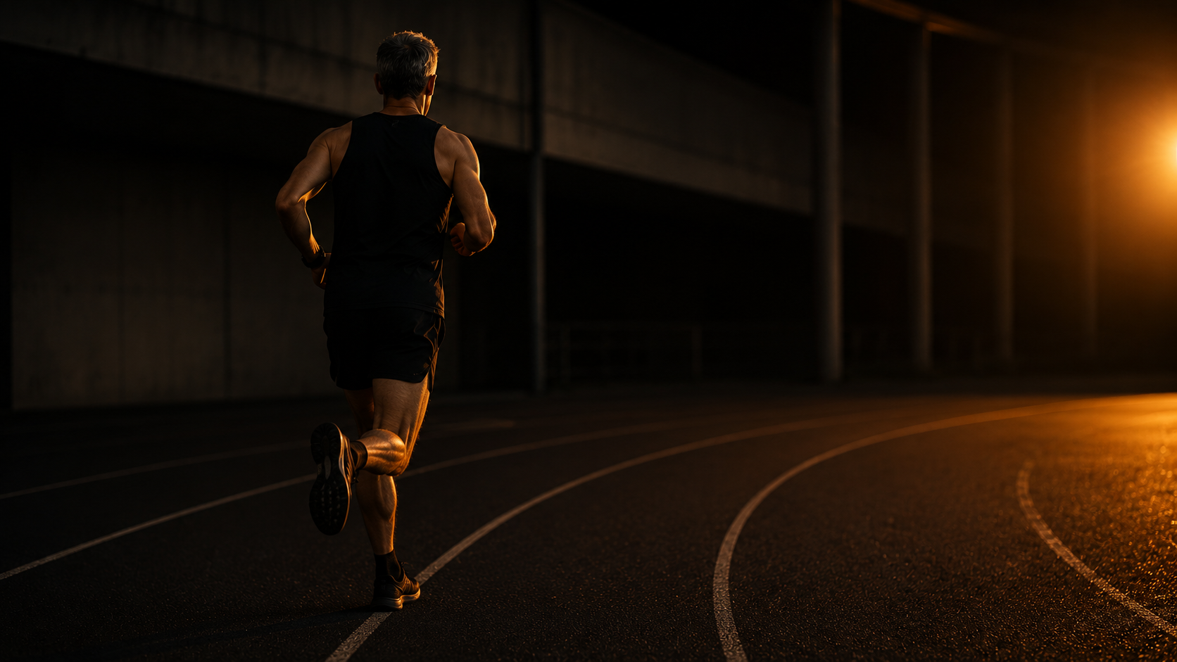 Male runner in his late 40s training on a dark track, seen from behind in low dramatic light