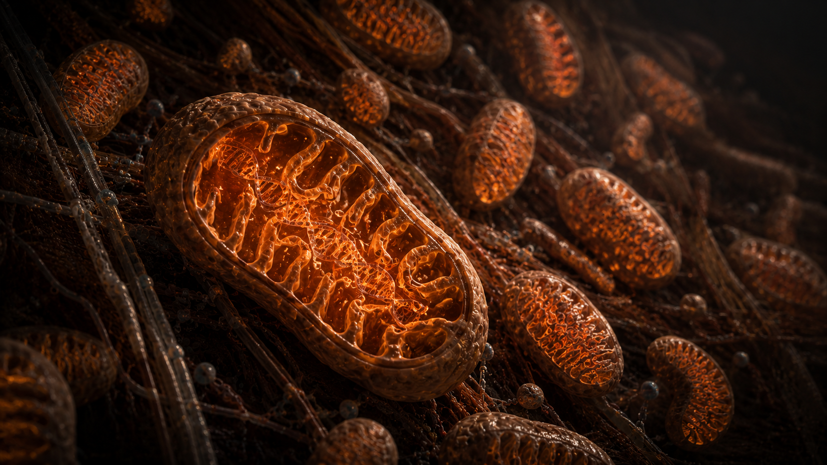 Dense mitochondrial network inside a skeletal muscle cell showing cristae structure and active biogenesis at cellular level