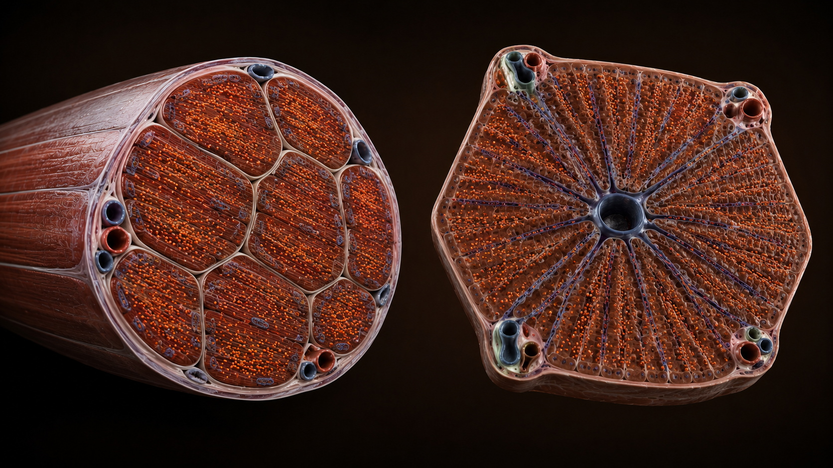 3D medical render comparing muscle glycogen and glycogen in the liver — two separate compartments with different functions and distinct failure modes