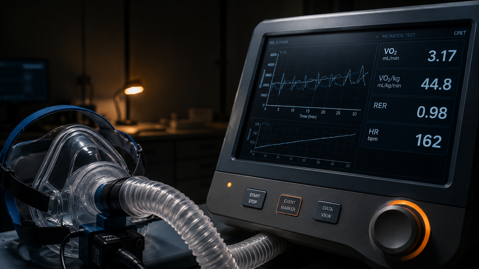 VO2max testing mask and monitoring equipment in a dim clinical lab setting, measuring oxygen delivery metrics