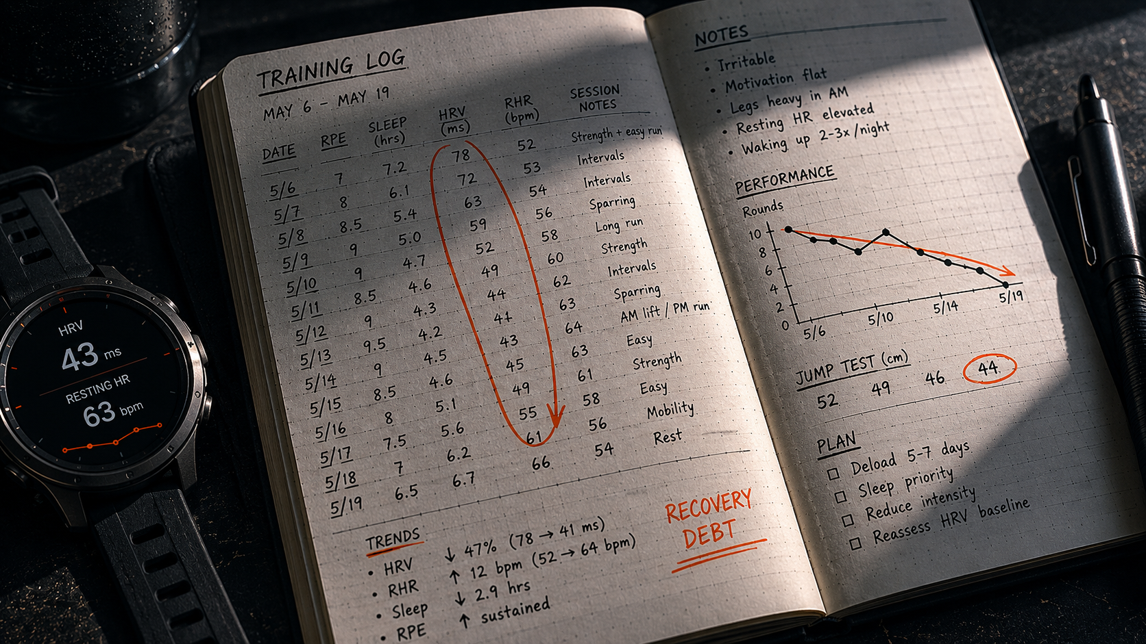 Training log notebook with handwritten HRV and resting heart rate data trends indicating overtraining marker tracking approach