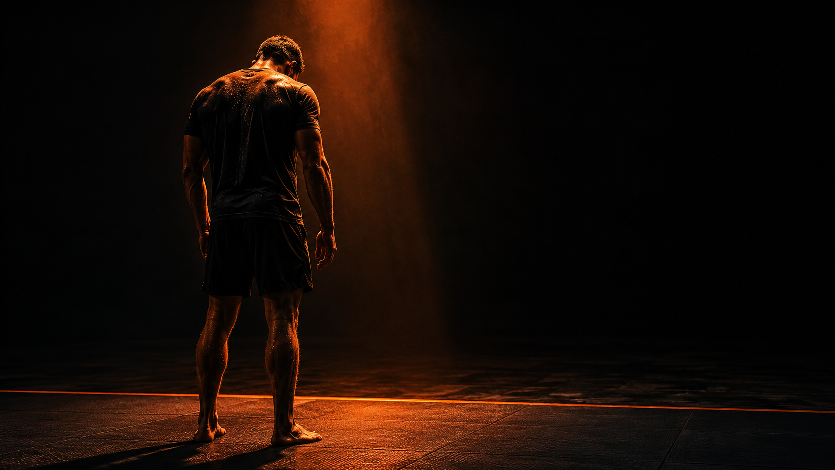 Overtraining syndrome athlete standing motionless on dark training mat, single overhead light, conveying accumulated training fatigue