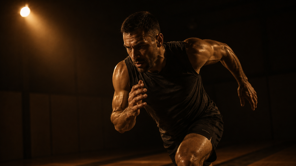 Male athlete at peak intensity effort, dark background, clinical light — anaerobic energy system article