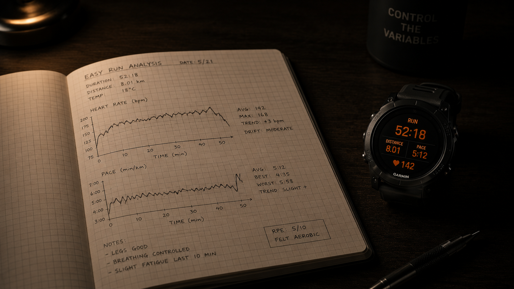Notebook with performance data graphs next to a sports watch on a dark desk surface