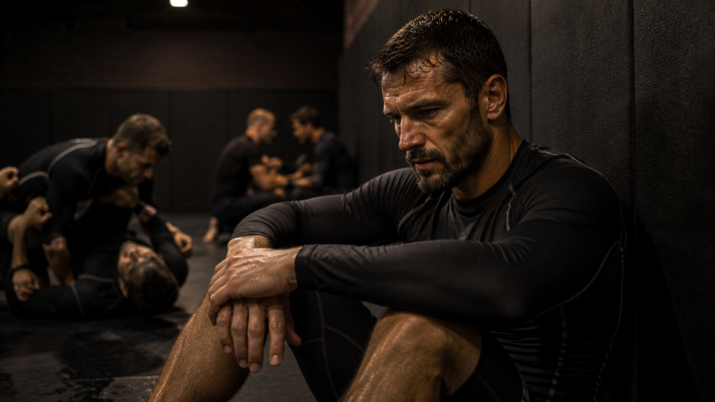 Male athlete pausing mid-training session in a dark gym — output limited by peripheral muscle fatigue, not muscular distress