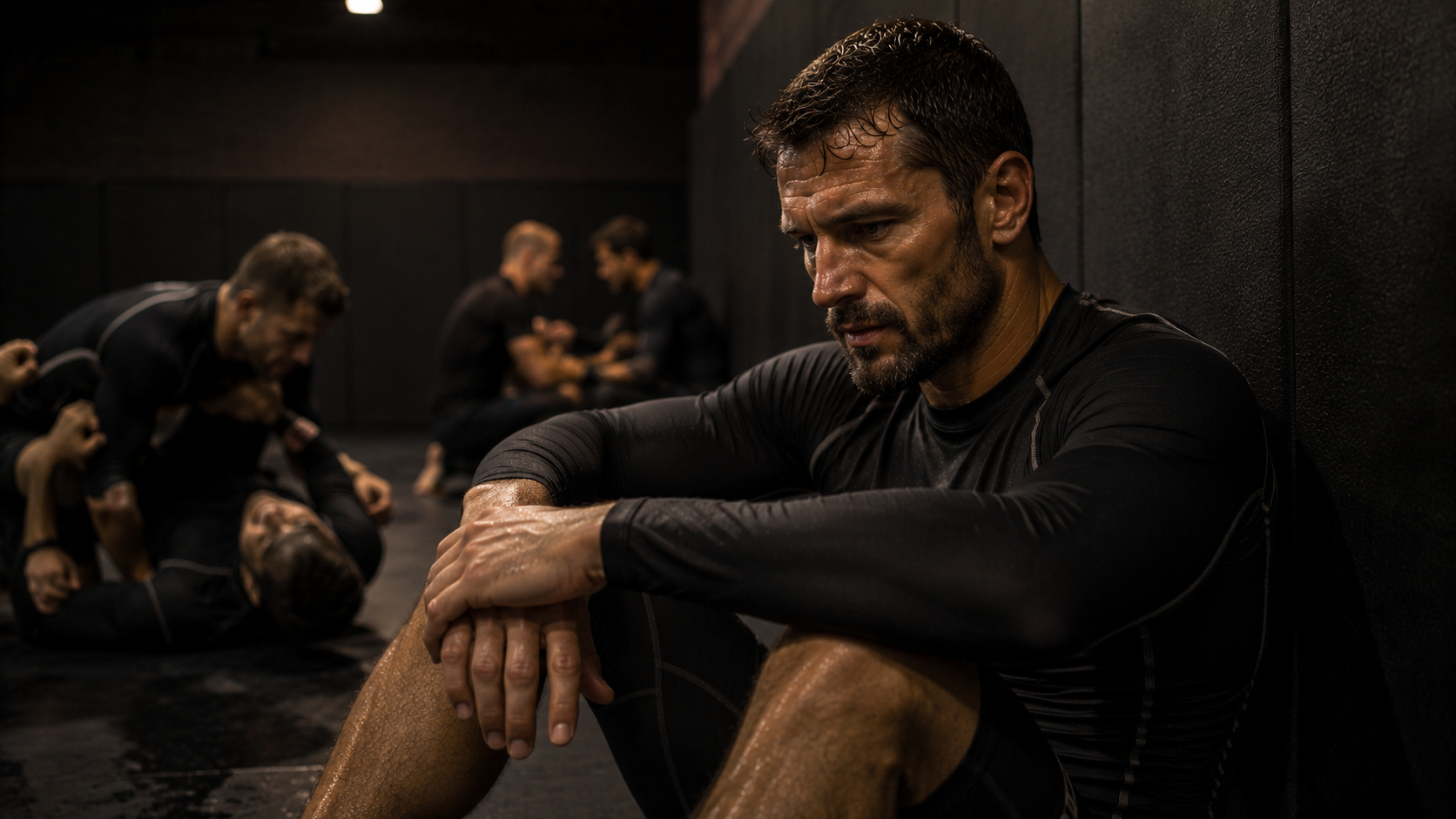 Male athlete pausing mid-session in a dark training gym, examining his hands, not showing muscular distress