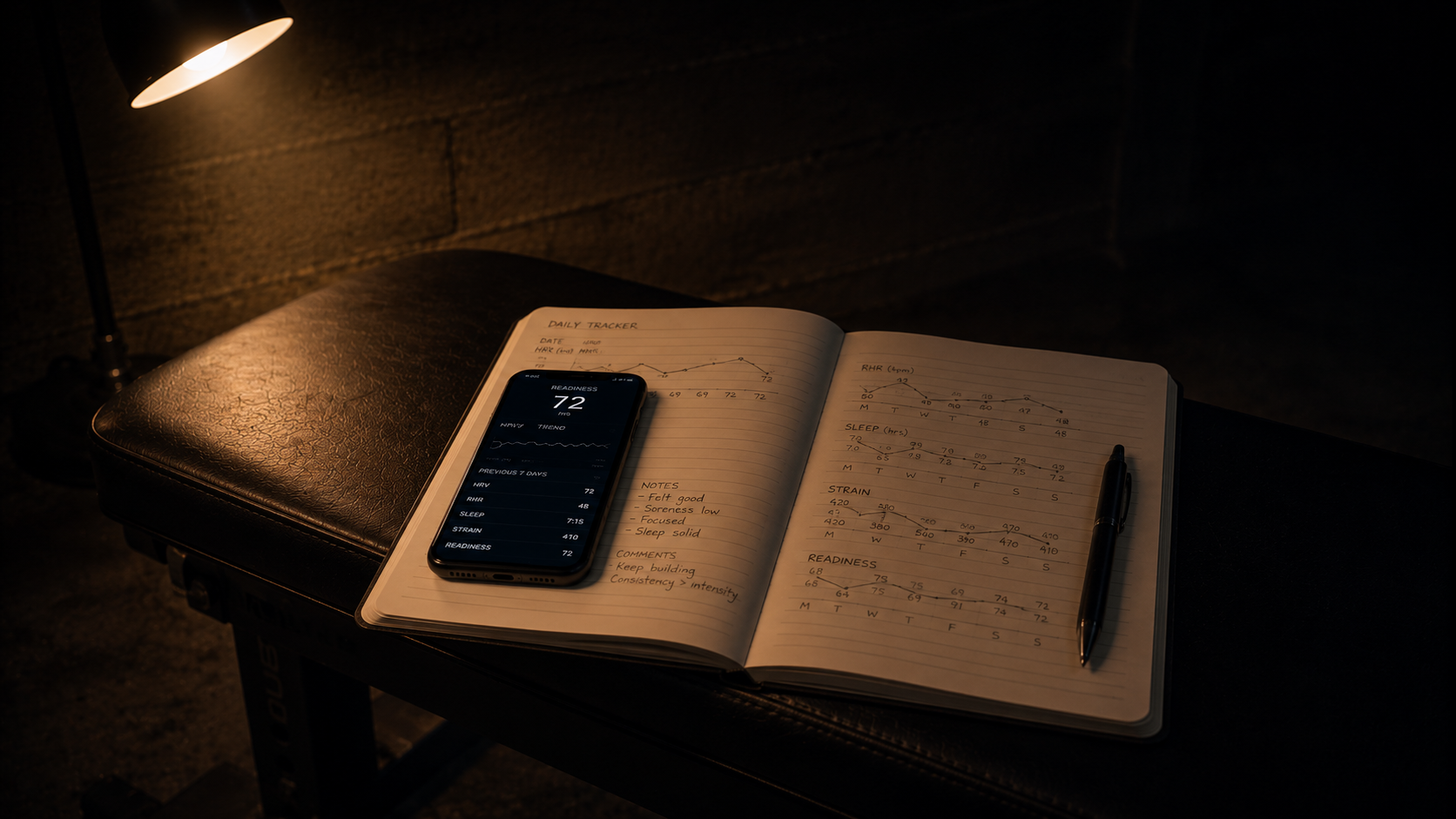 Training notebook and smartphone displaying historical performance metrics on a weightlifting bench in a dimly lit gym.