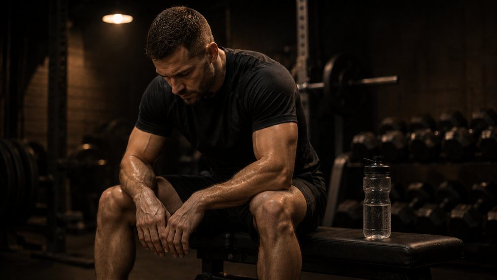 Athlete resting between sets with timer visible — how long to rest between sets depends on phosphocreatine recovery