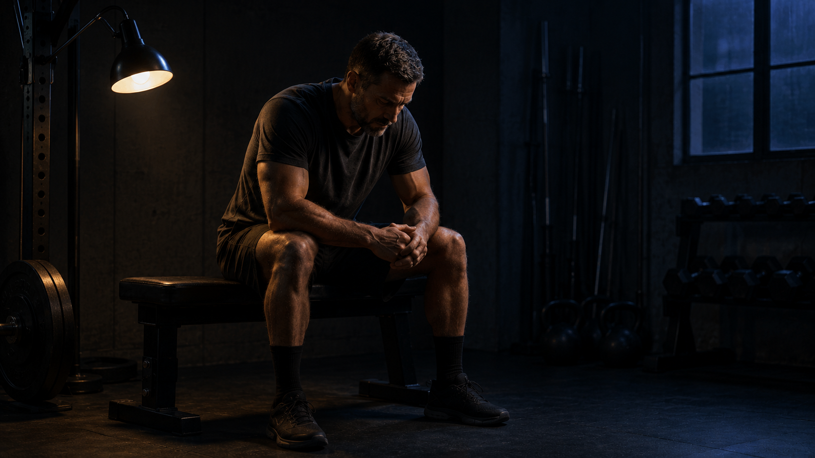 Male athlete seated in low-lit gym reflecting on why do some days feel effortless