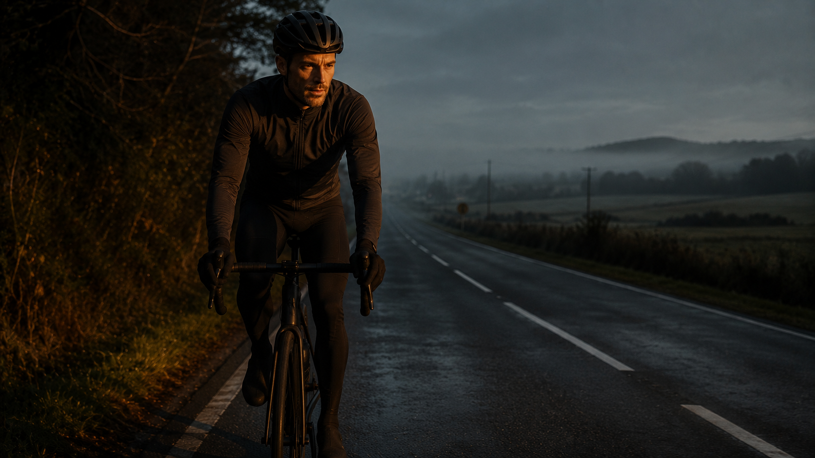 Male cyclist at steady Zone 2 pace on an empty road, early morning ambient light, controlled focused effort
