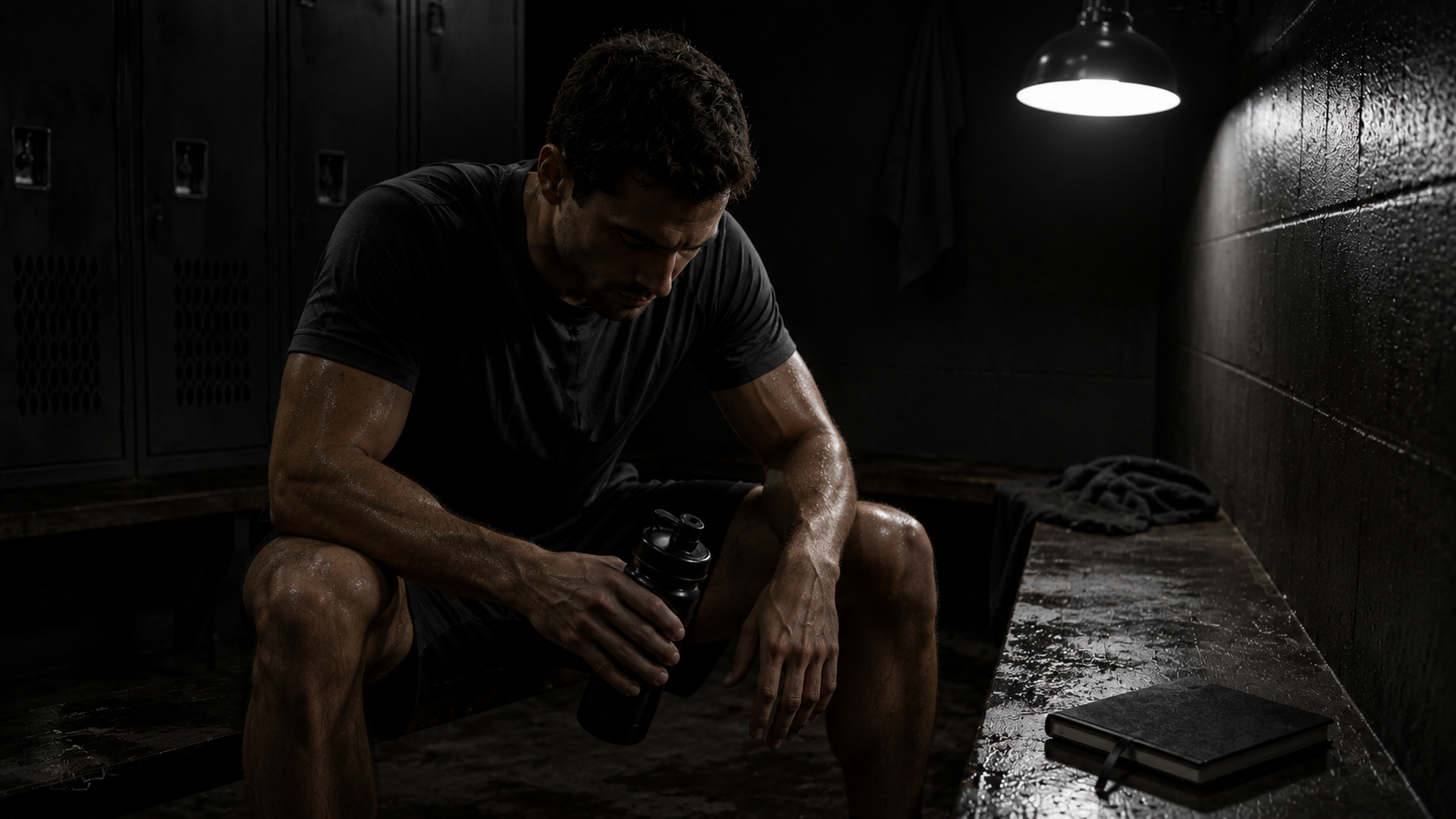 Athlete seated at dark wooden desk experiencing mental fatigue — mental energy use and cognitive depletion