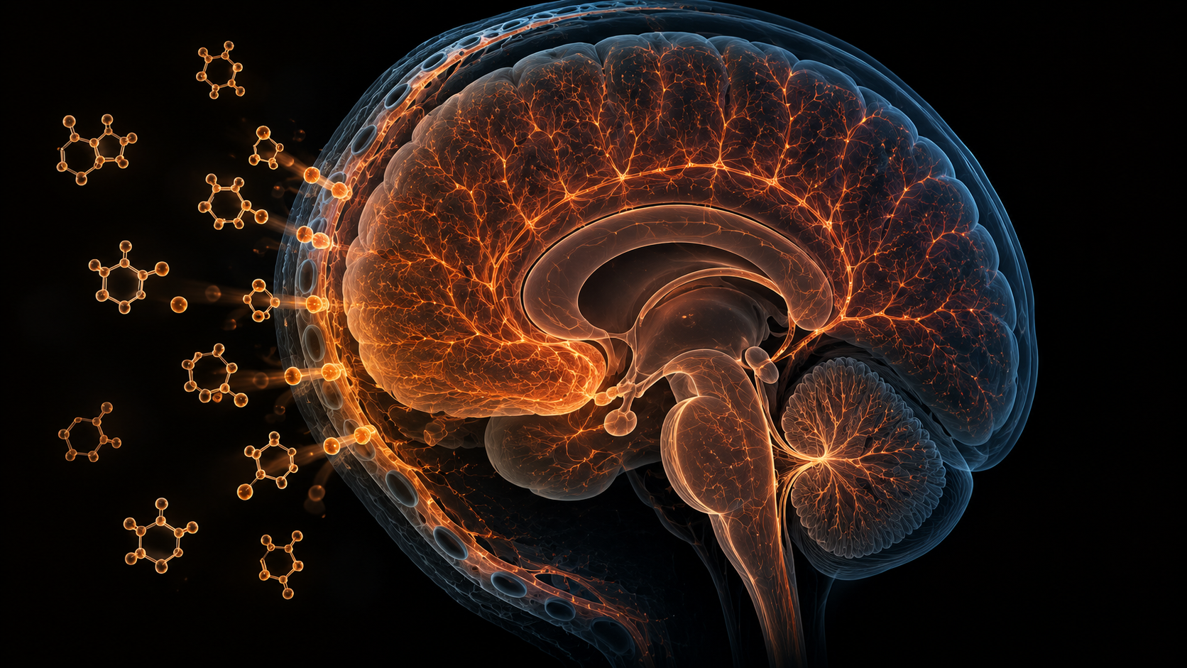 3D medical render of brain with glowing neural pathways and glucose molecules showing the brain energy demand