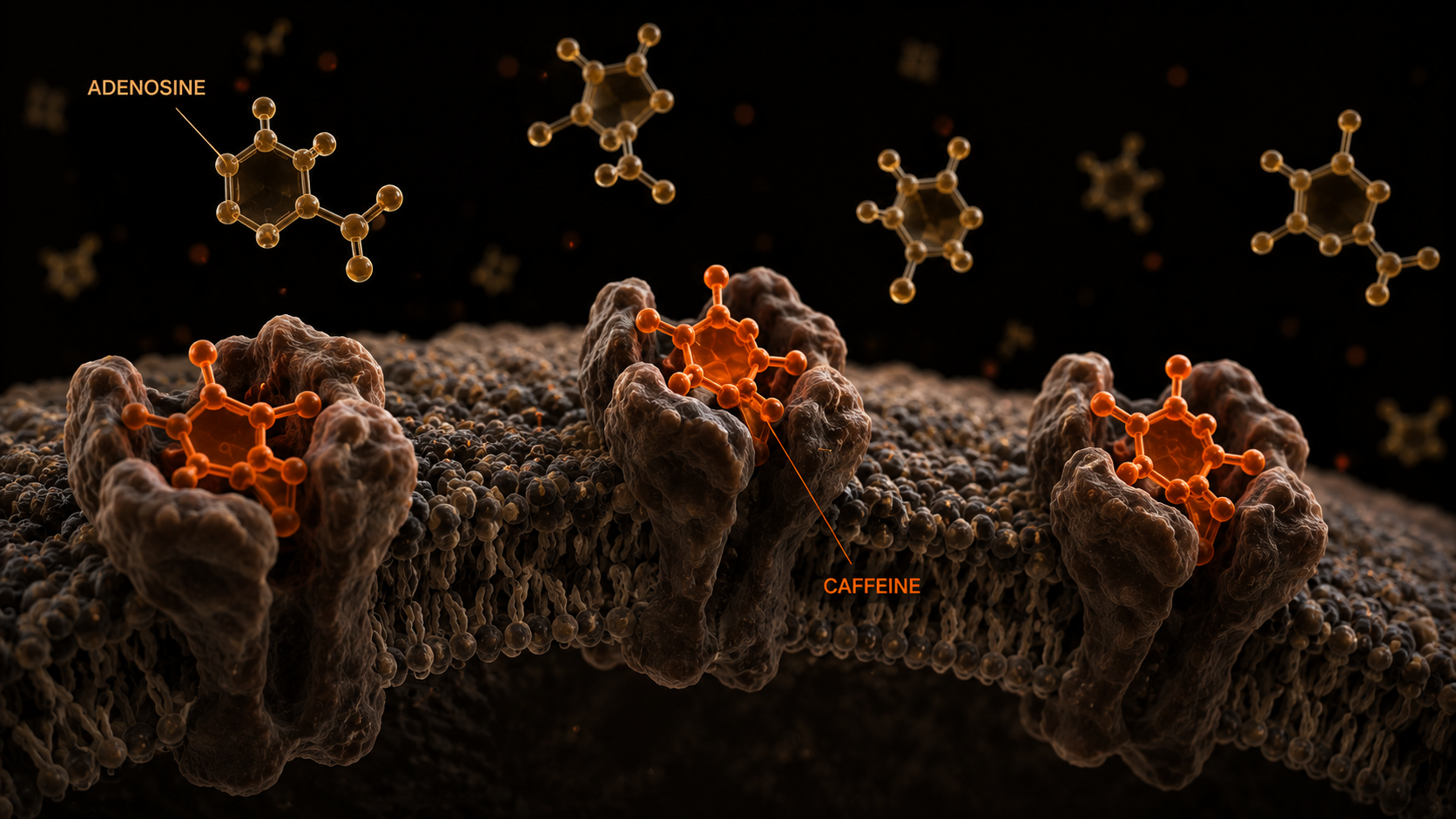 3D molecular visualization of caffeine blocking adenosine receptors in the brain — how caffeine works in the brain