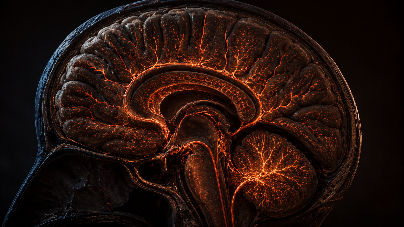 Photorealistic brain cross-section showing cerebral blood flow vascular network delivering oxygen during cognitive work