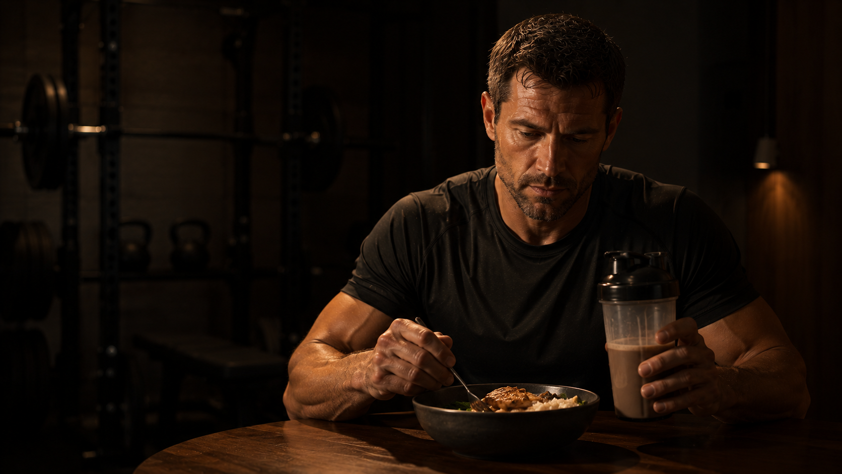 Male athlete calmly fueling before a training session, deliberately managing substrate as a performance variable