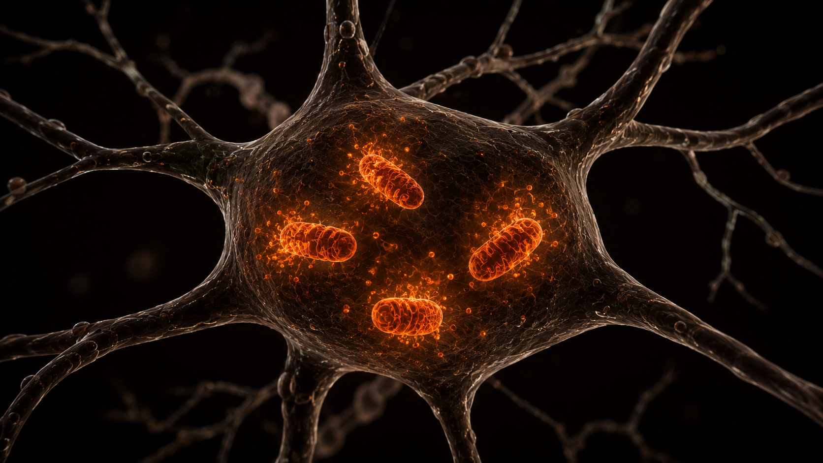 3D neuron cell showing mitochondria producing reactive oxygen species — oxidative stress in neurons during sustained cognitive load