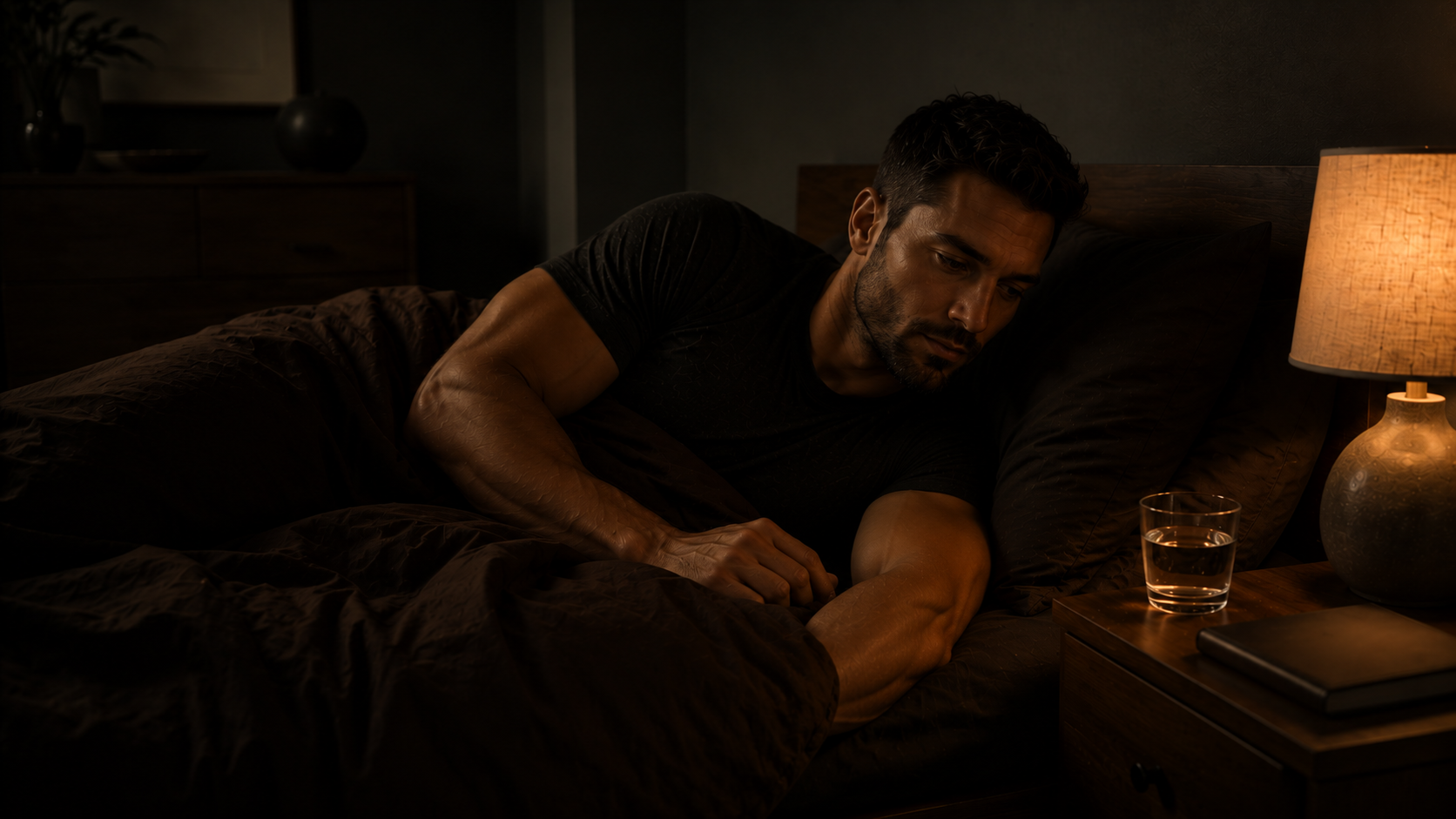 Athlete in deliberate sleep recovery position in dimly lit room — adenosine clearance and mental energy restoration