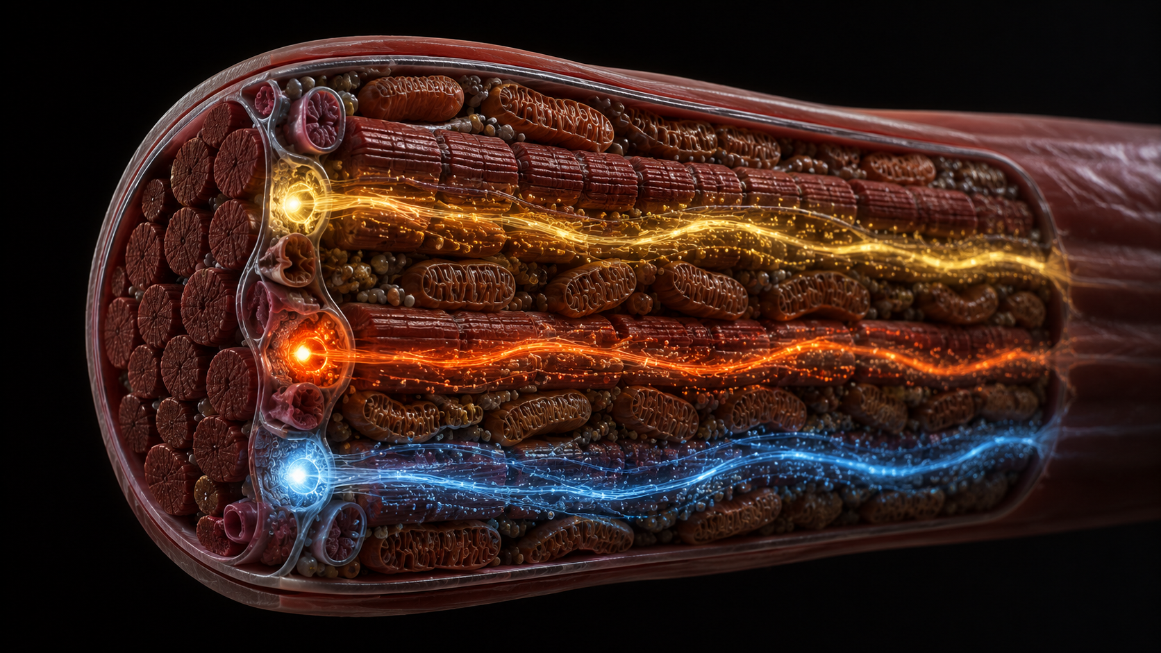 3D medical render of skeletal muscle fiber showing three bioenergetic pathways: phosphocreatine, glycolysis, oxidative phosphorylation
