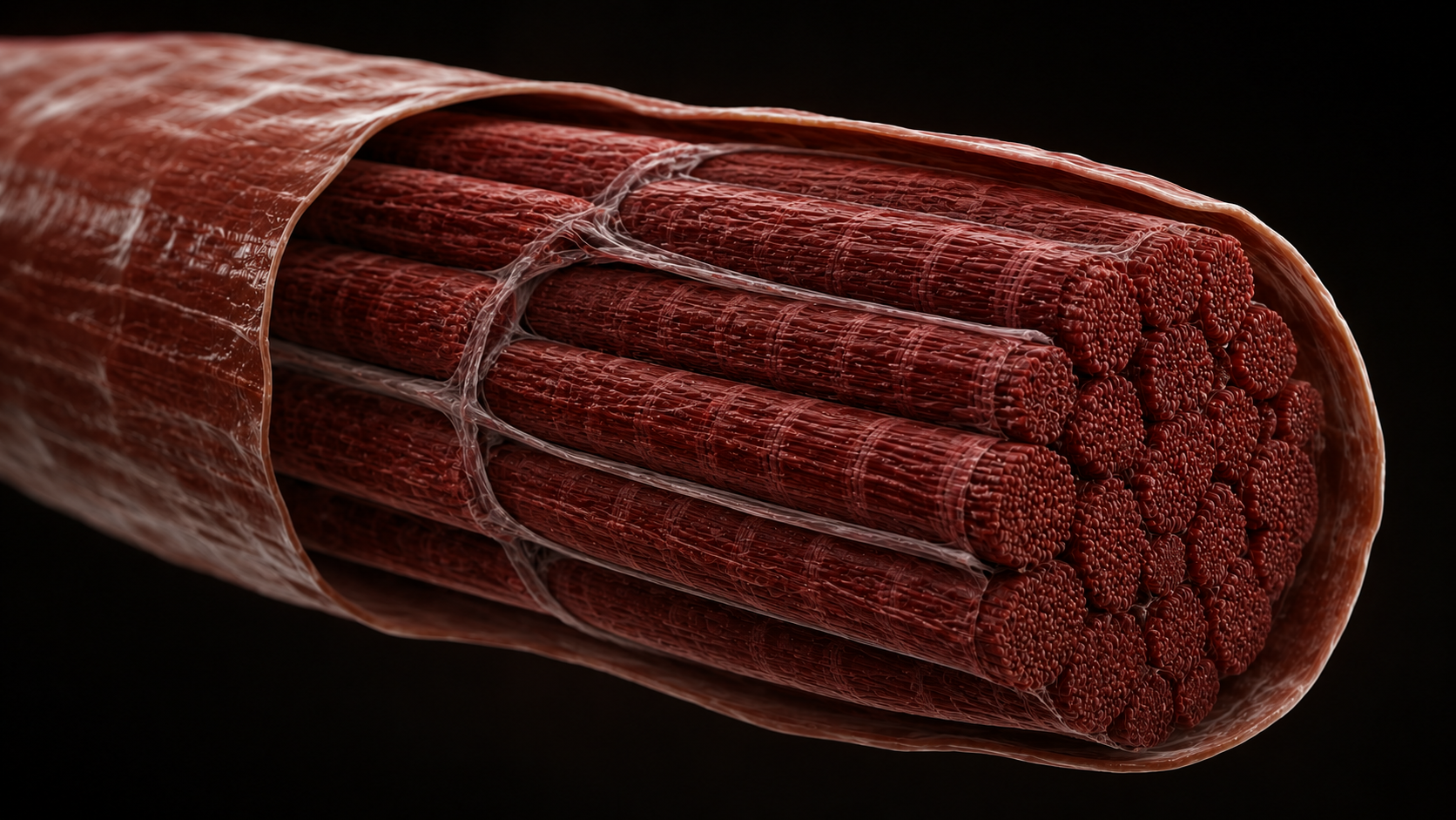 3D medical render of skeletal muscle fiber cross-section showing dense mitochondria with orange cristae detail