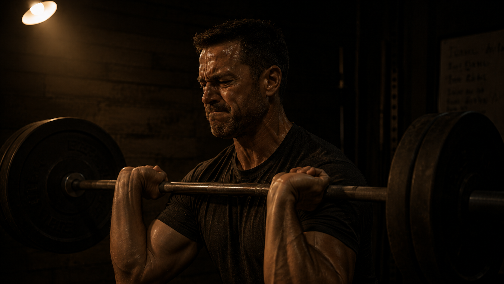 Male athlete mid-training under heavy load, expression showing real exertion and cost, dark tungsten-lit gym