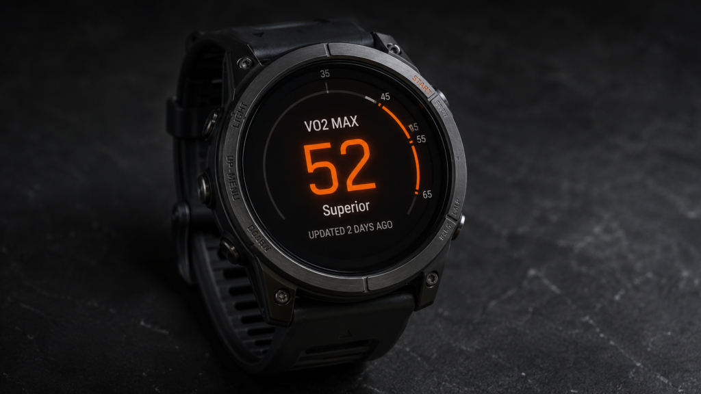 Average vo2 max by age. Close-up of a GPS sports watch displaying a VO2 Max score on a dark surface