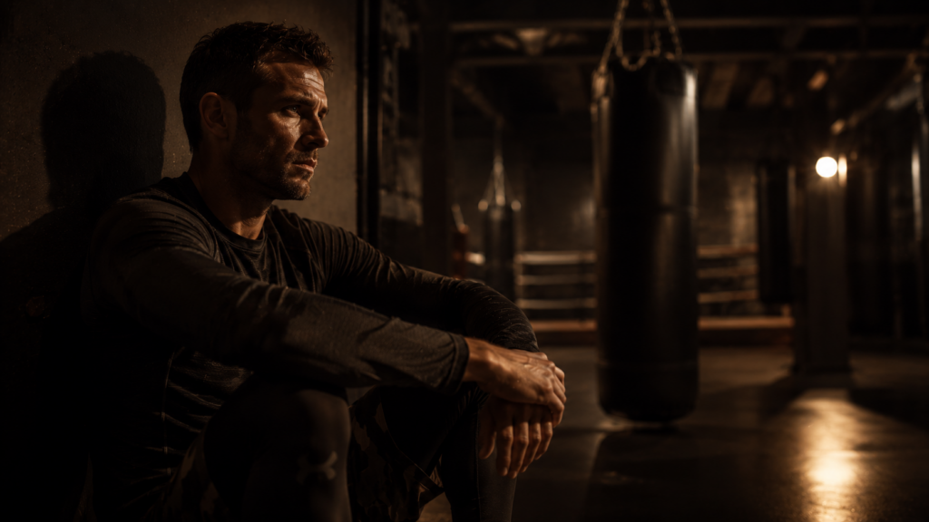 Male athlete resting in a dim training gym, focused expression, warm tungsten lighting — conveying analytical performance reflection about oxygen utilization