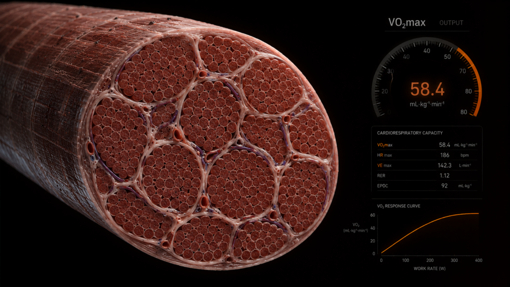 Muscle fiber cross-section showing how to increase mitochondrial density structure relative to VO₂max output measurement