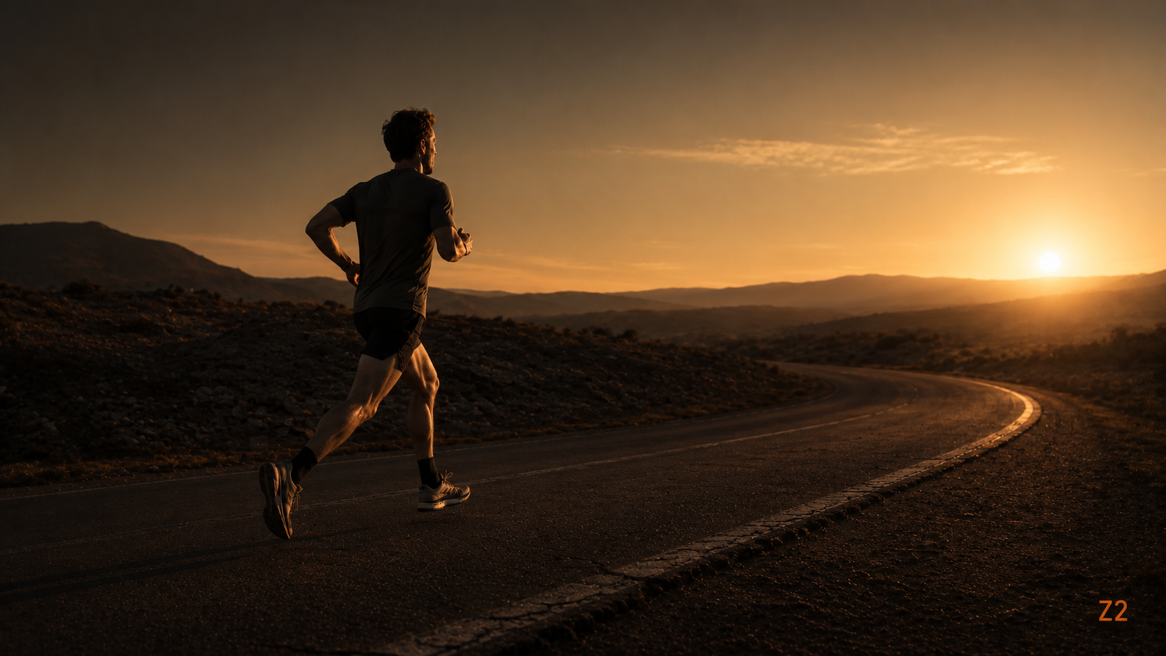 Endurance athlete on steady-state Zone 2 run at dawn illustrating sustained aerobic energy stress for mitochondrial biogenesis