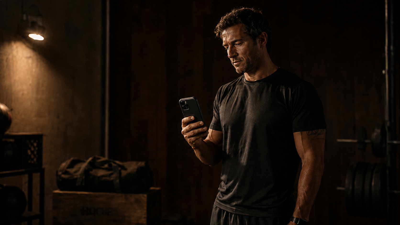 Athletic man reviewing recovery metrics on phone — post workout fatigue signals that feel fine but may not reflect full recovery