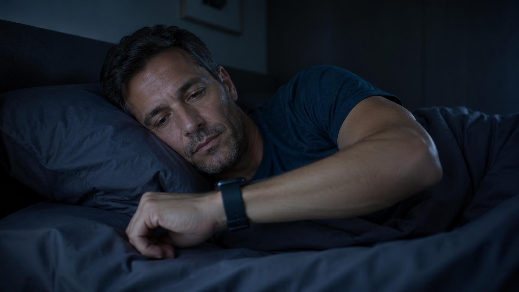 Athletic man checking wearable device on waking — morning HRV monitoring for recovery time between workouts
