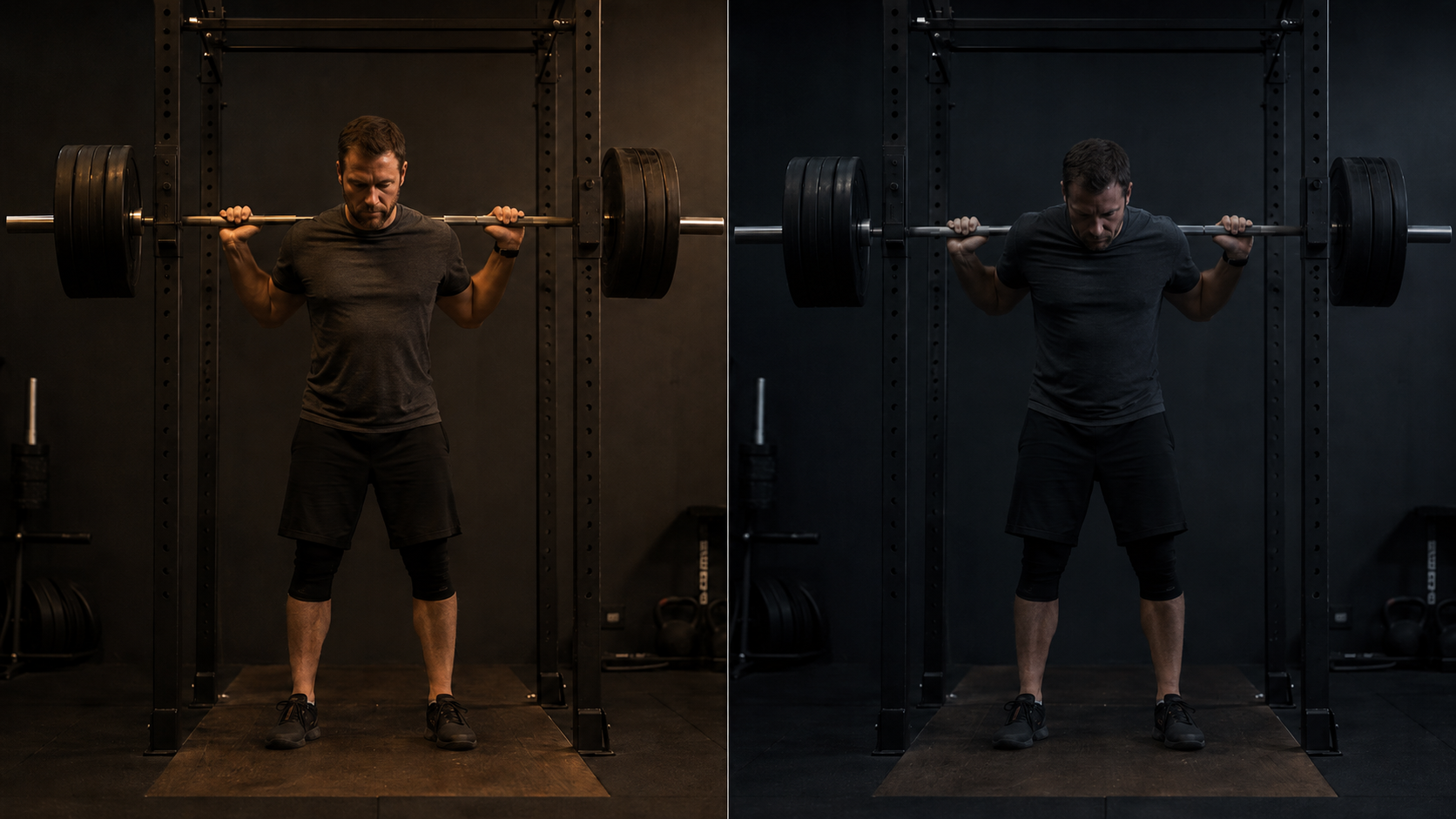 Split photorealistic gym scene showing same athlete at same barbell under similar conditions — illustrating CNS drive variability on identical training days