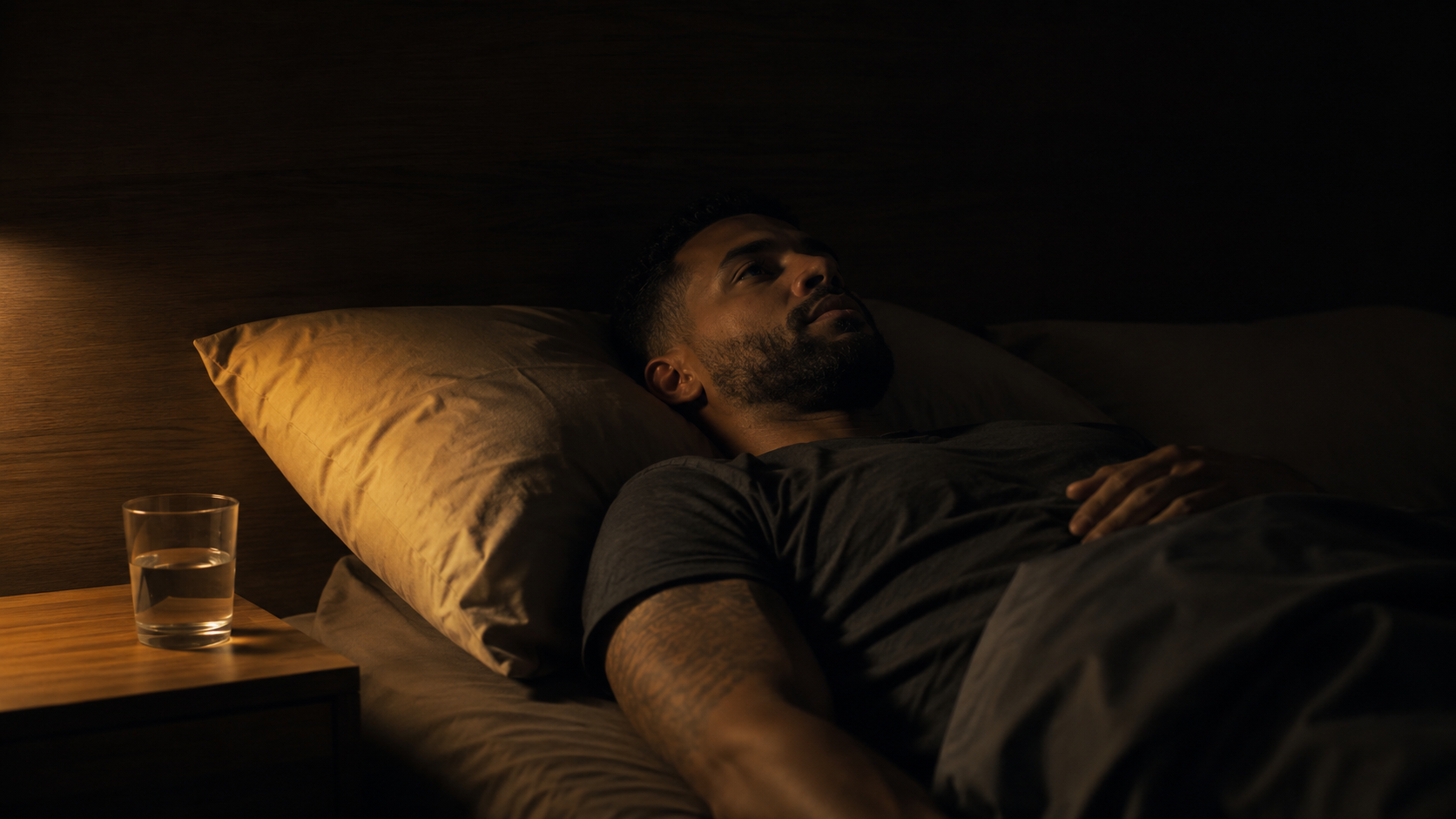Male athlete resting in dark quiet bedroom under warm lamp light — CNS recovery requires sleep quality and reduced cognitive load, not just duration
