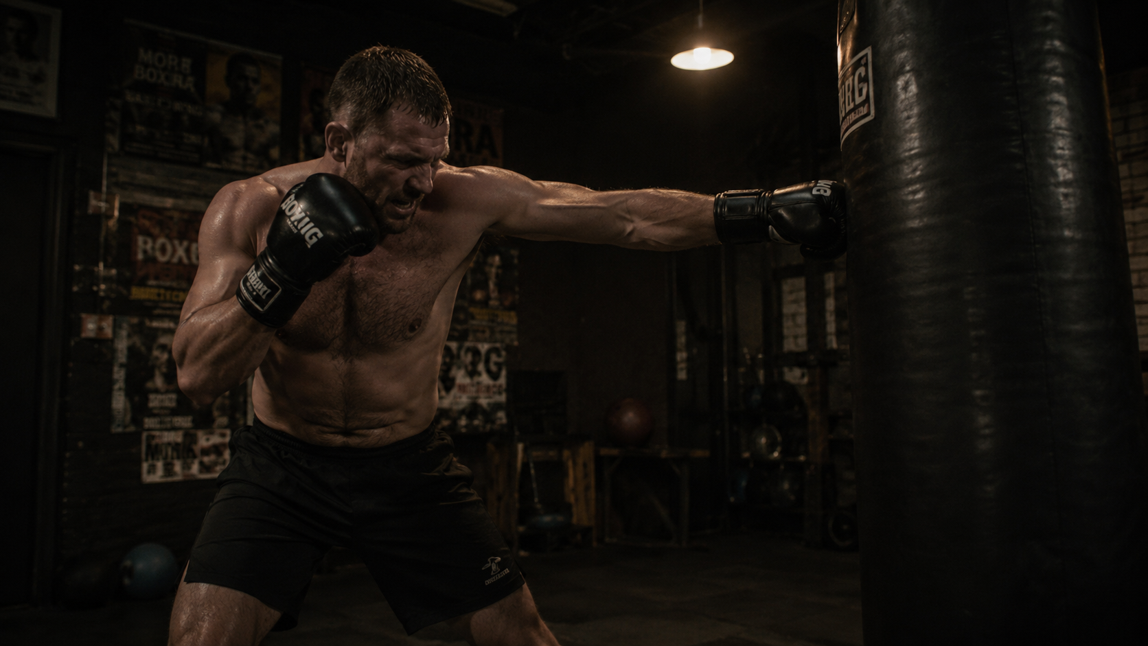 Male athlete executing punch technique in dark boxing gym under warm tungsten lighting, form under late-session fatigue