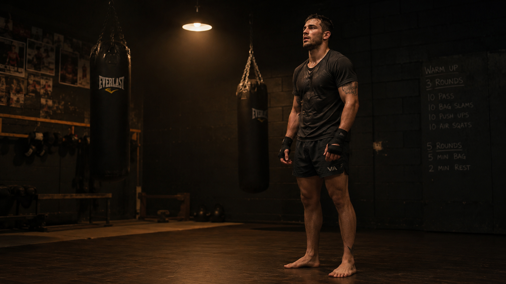 Male athlete standing in active recovery between rounds in dark combat sports gym, warm tungsten lighting