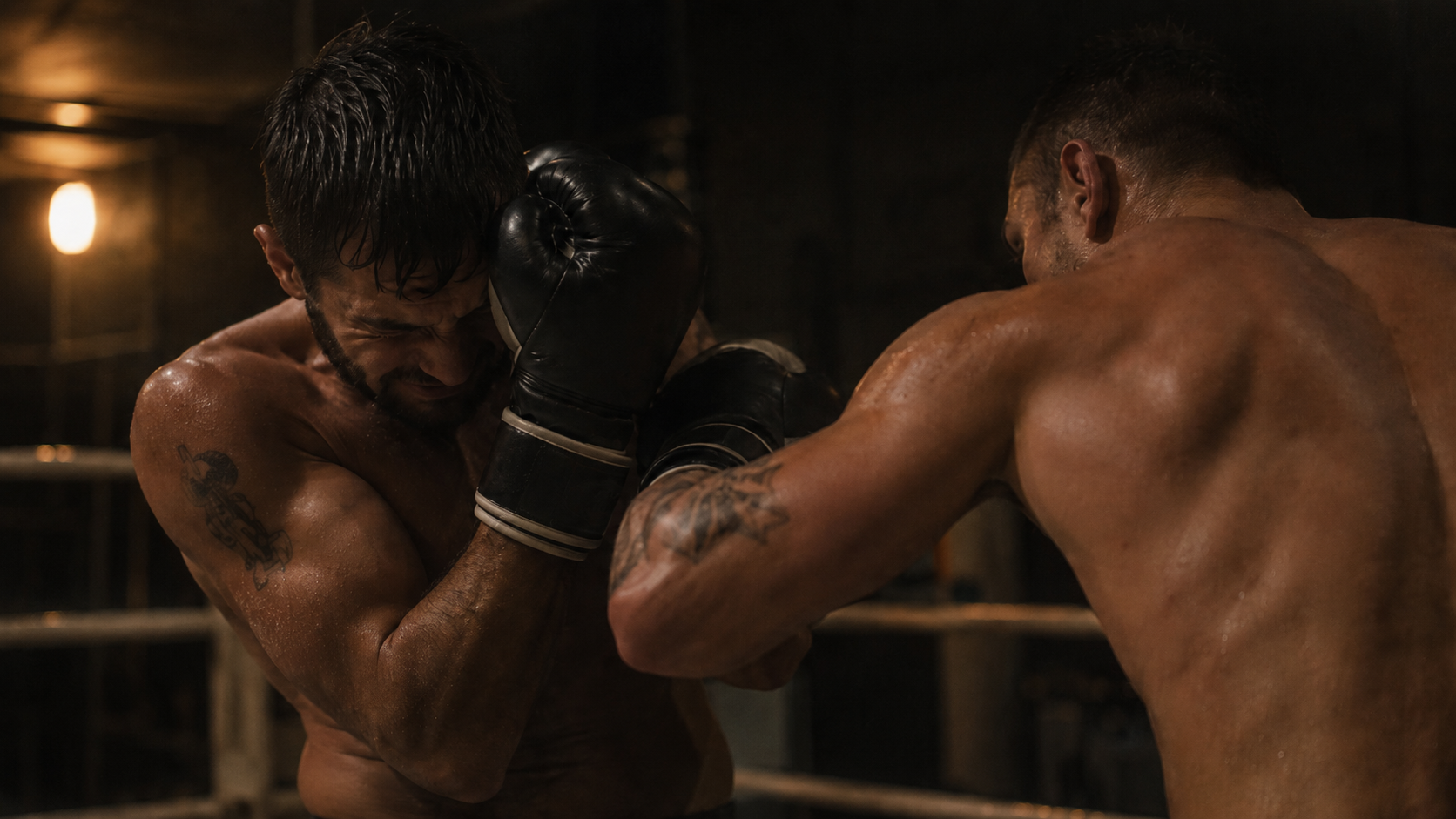 Two athletes sparring in a dim training gym representing the physical costs of sleep restriction on athletic performance