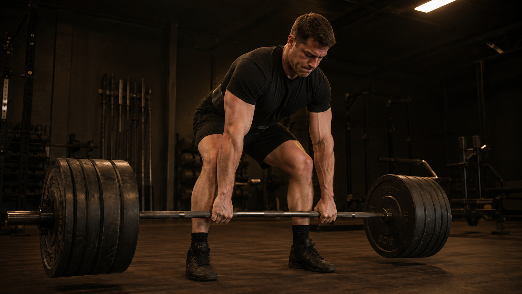 Athlete gripping loaded barbell in dark gym, pushing through accumulated fatigue warning signals by adding more training load