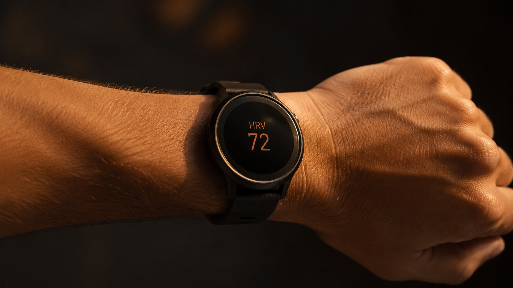 HRV monitor on wrist in low tungsten light, external monitoring for sleep deprivation