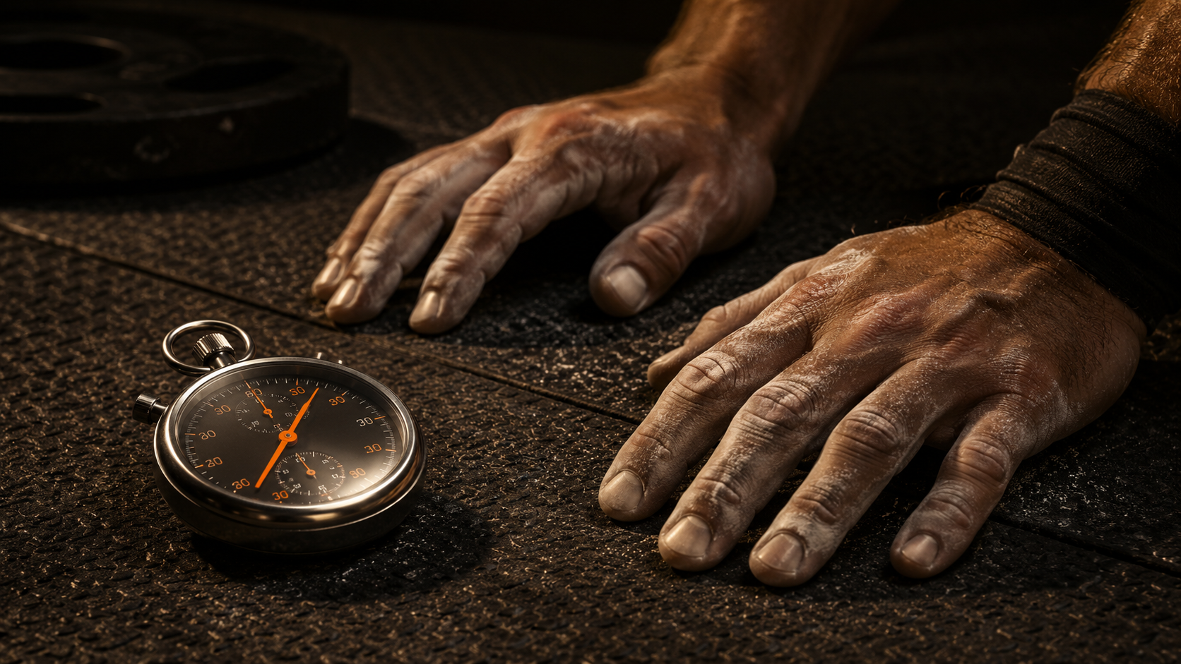 Stopwatch and chalked hands on a gym mat, linking napping to sprint and reaction-time output