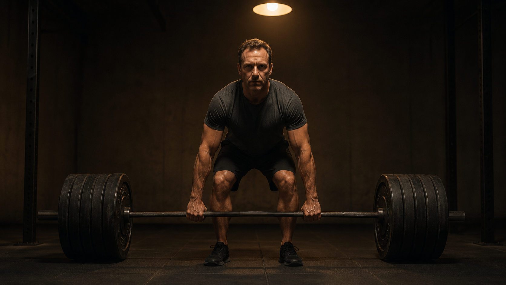 Male athlete gripping loaded barbell in dark gym — applying effort against central fatigue, illustrating the first and most common training mistake