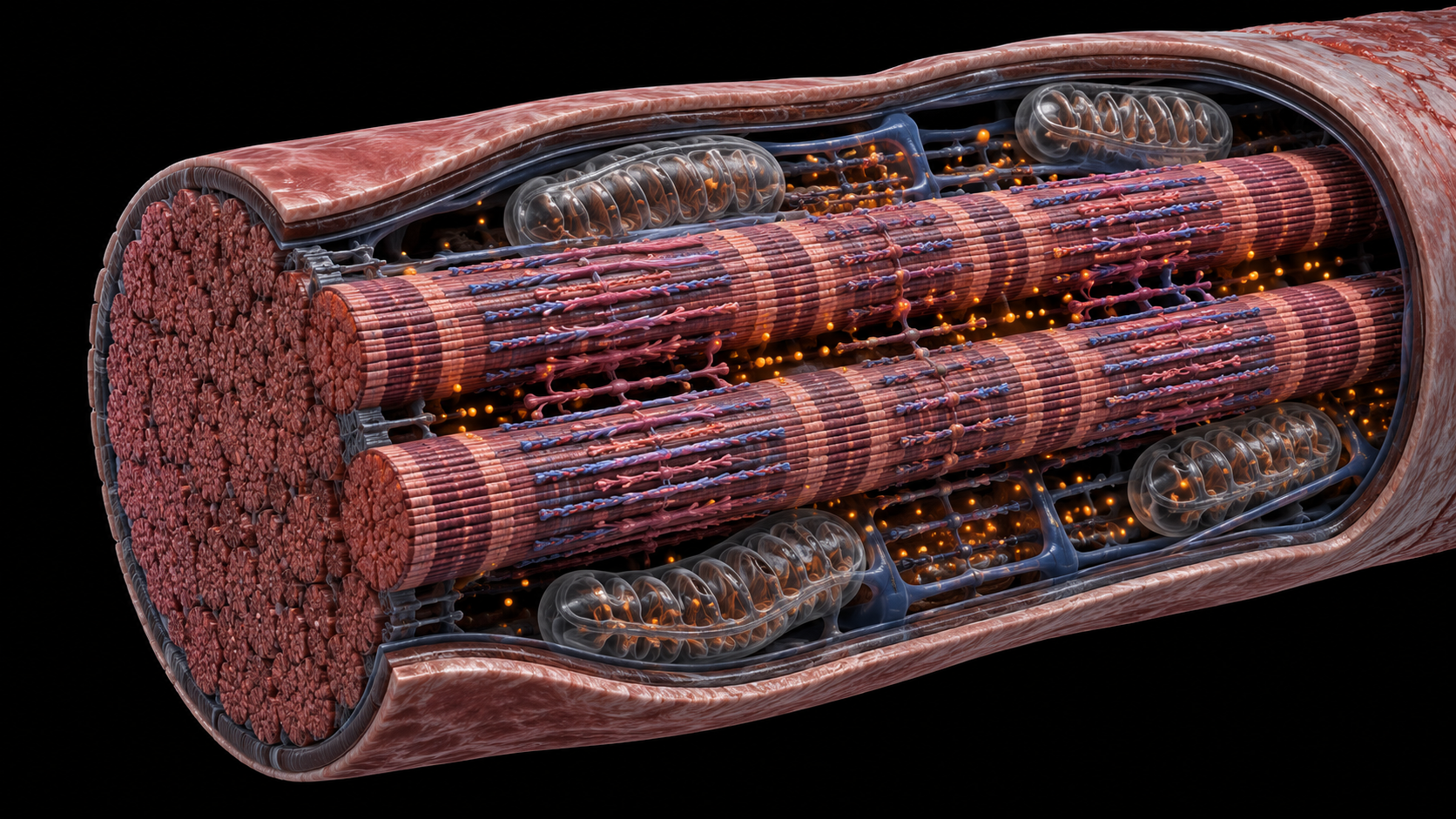 3D medical render of skeletal muscle fiber cross-section showing peripheral muscle fatigue mechanisms with mitochondria and metabolite accumulation