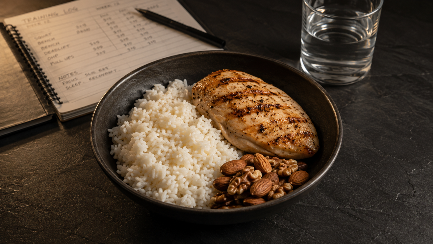 Post-workout recovery nutrition flat-lay on dark slate surface: rice, chicken, and nuts for glycogen replenishment and protein intake after training