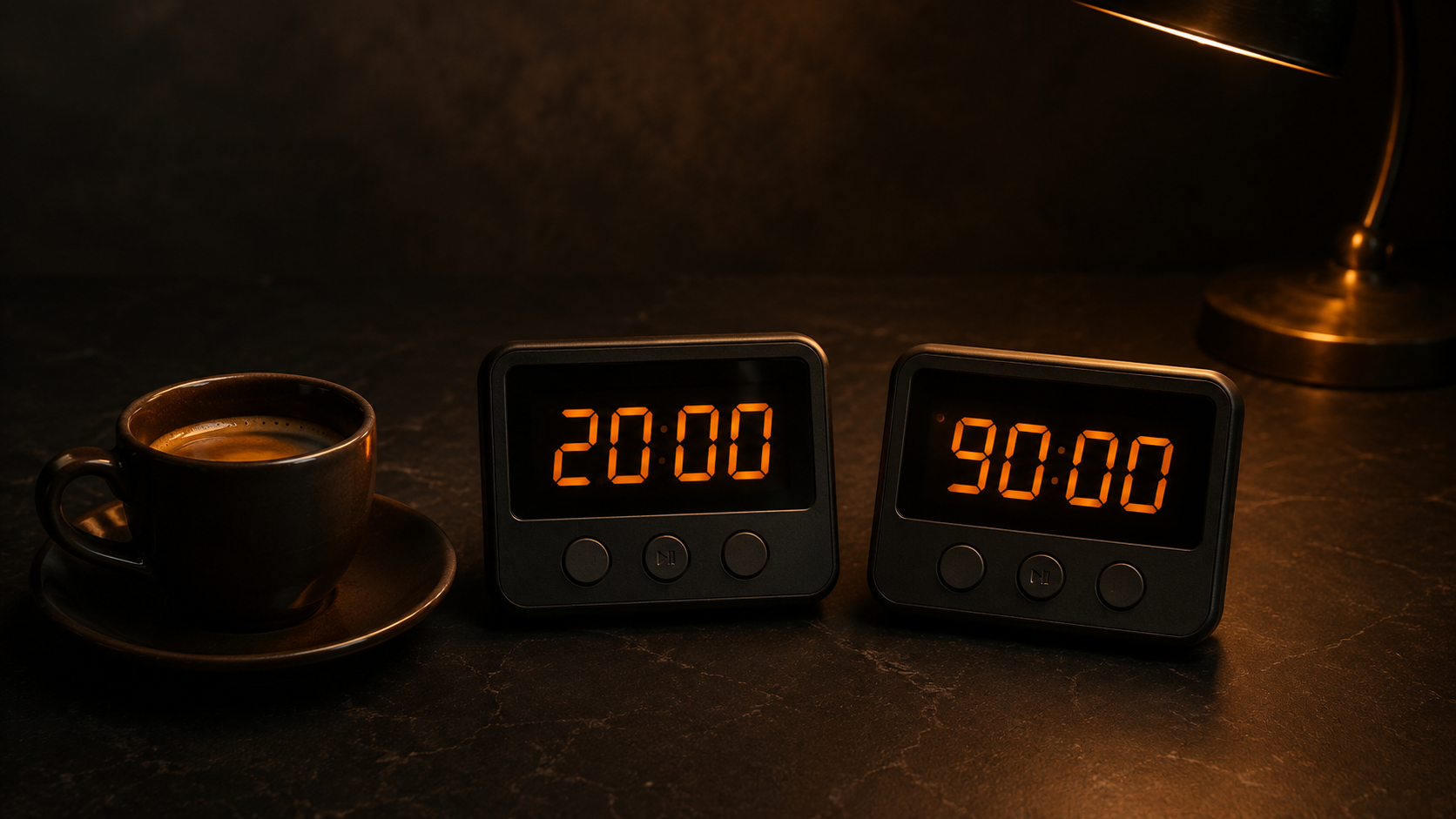 A 20-minute and a 90-minute timer beside an espresso cup, showing how nap length is chosen