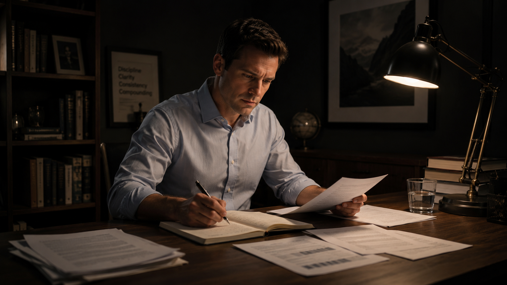 Professional at desk during sustained cognitive work — the same central fatigue mechanism that limits athletic performance limits cognitive output