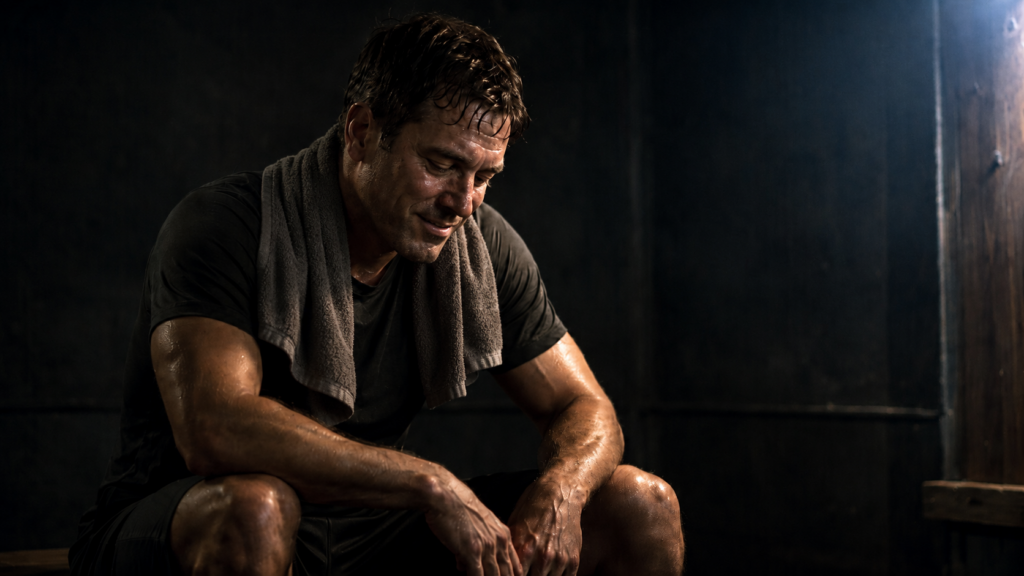 Male athlete thinkiing about how long does muscle recovery take and experiencing delayed extreme fatigue after exercise