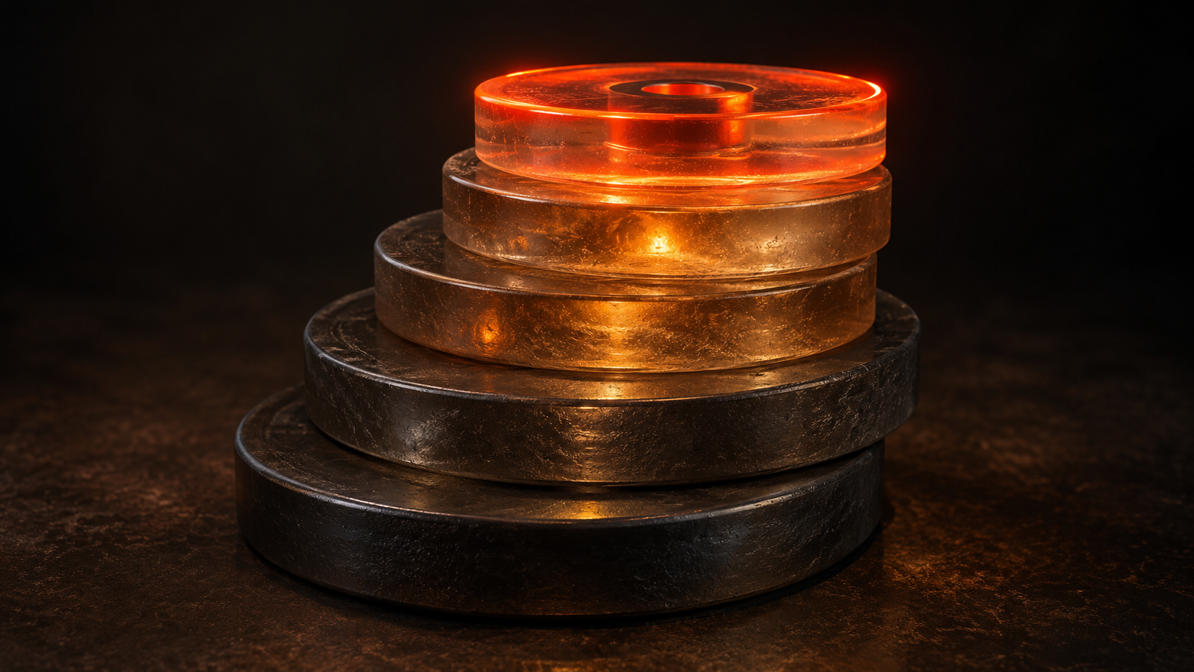 Stack of weight plates growing more translucent toward the top, representing an accumulating hidden training deficit