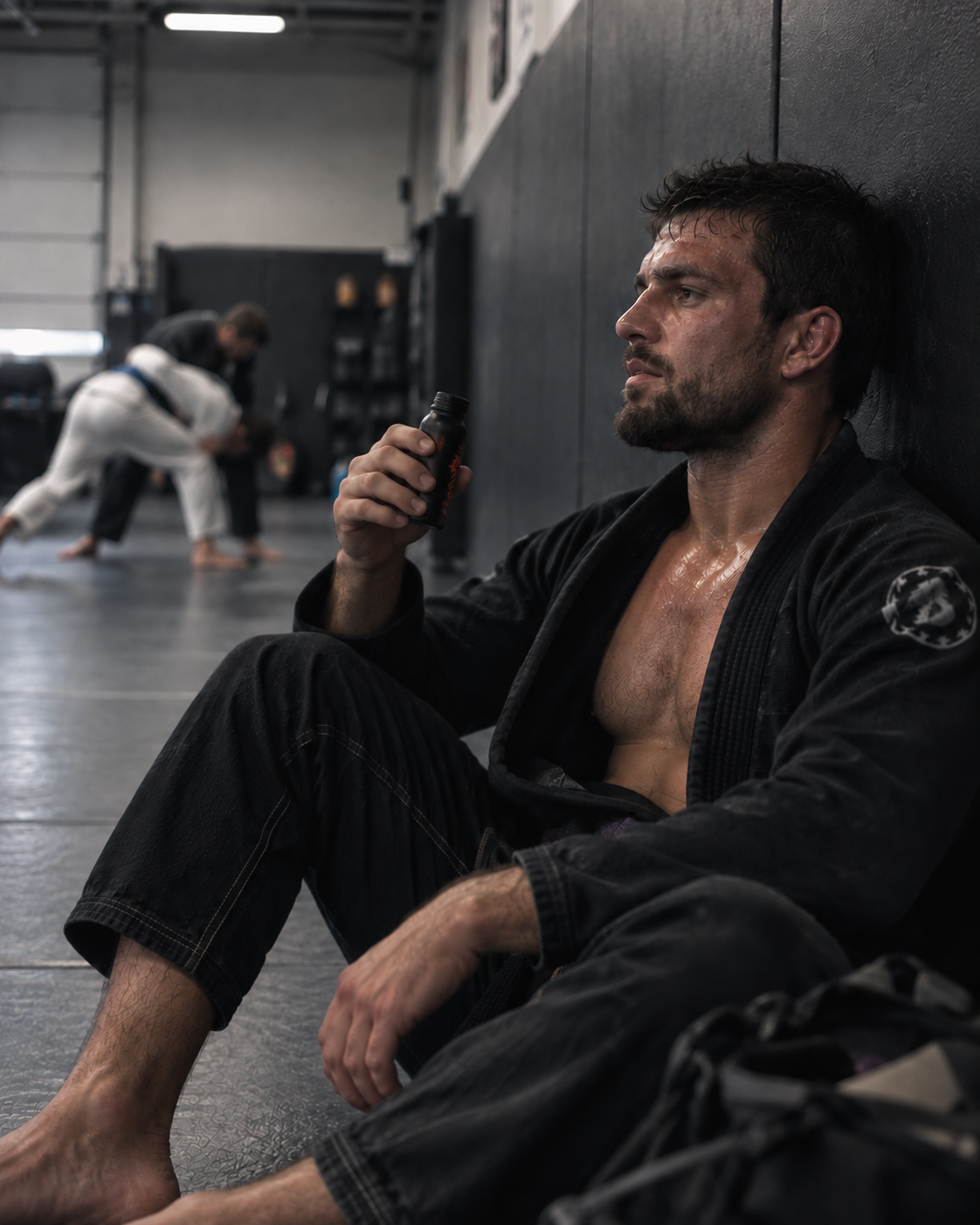Jiu-jitsu practitioner sitting on the mat between rounds holding a Mydos shot